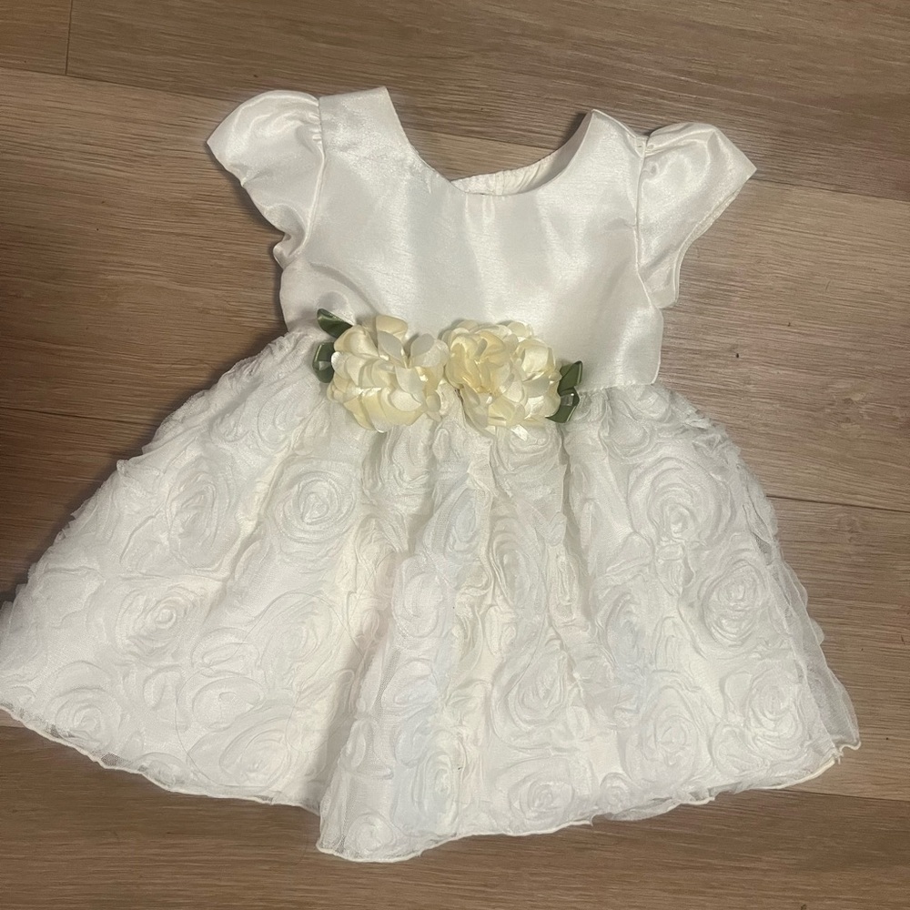 Ivory Floral Rosette Baby Dress with Bow Detail